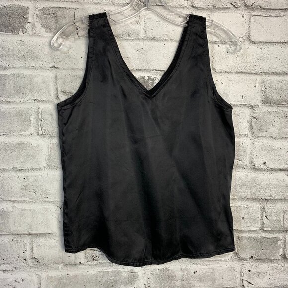 Vintage 90s Cami Top Small Black Liquid Satin Silky V Neck Camisole Tank Blouse - Picture 1 of 8